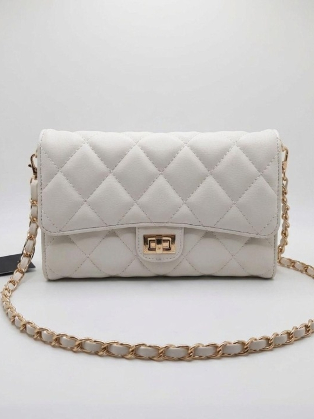 Quilted White Mini Shoulder Bag with Gold Chain
